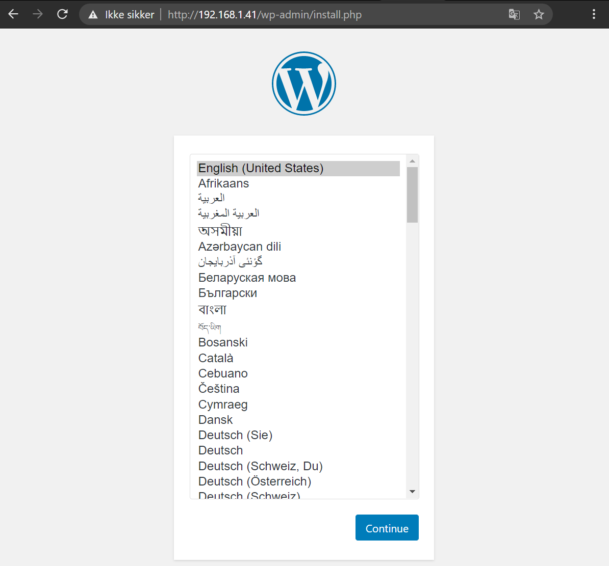 Språkliste i ein nettlesar. Skjermbilete.