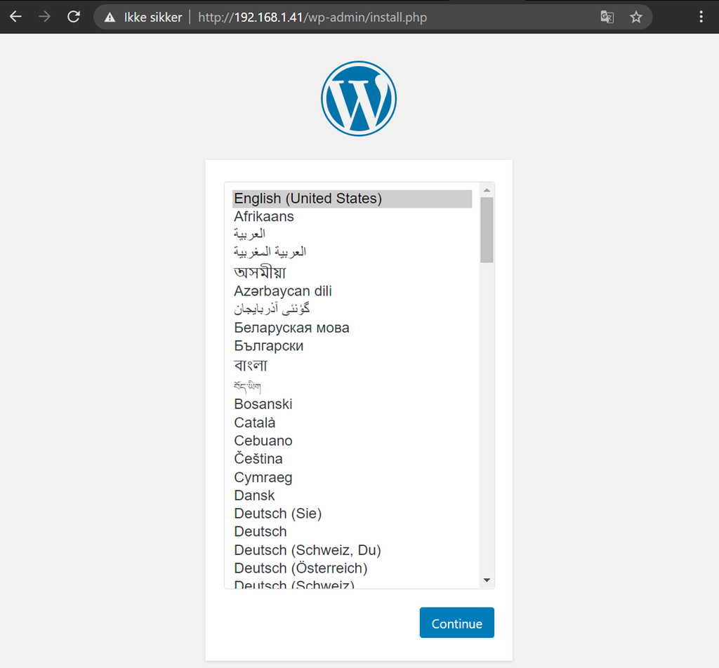 Språkliste i en nettleser. Skjermbilde.