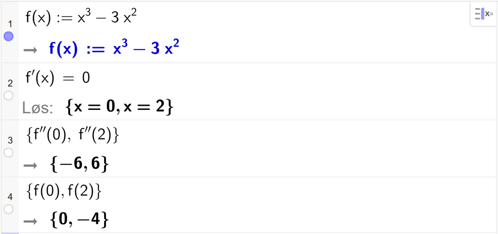 På linje 1 i CAS-vinduet i GeoGebra er f av x definert som x i tredje minus 3 x i andre. På linje 2 er f derivert av x satt lik 0. Svaret med Løs er x er lik 0 eller x er lik 2. På linje 3 er det skrevet sløyfeparentes f dobbeltderivert av 0, komma, f dobbeltderivert av 2 sløyfeparentes slutt. Svaret er sløyfeparentes minus 6, komma, 6 sløyfeparentes slutt. På linje 4 er det skrevet sløyfeparentes f av 0, komma, f av 2 sløyfeparentes slutt. Svaret er sløyfeparentes 0, komma, 4 sløyfeparentes slutt. Skjermutklipp.