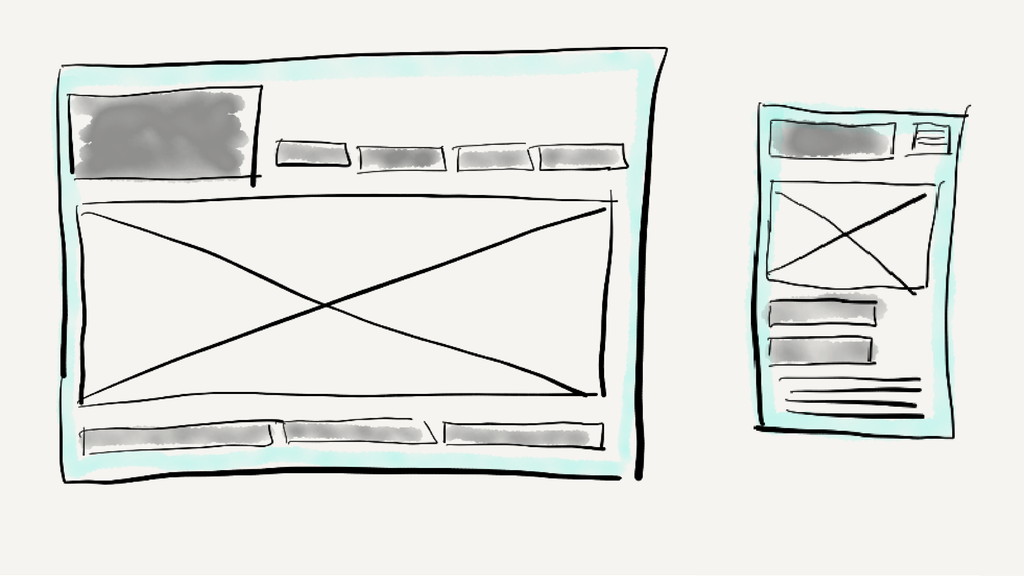 To ruter med små grå bokser og en stor firkant med et kryss i inni. Den største ruten har datamaskin-storlek, og den minste har størrelse som en mobilskjerm. Illustrasjon.