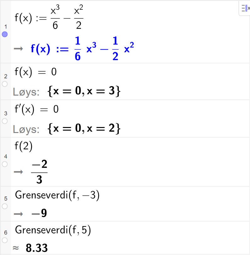 CAS-utrekning med GeoGebra. På linje 1 er det skrive f av x kolon er lik x i tredje delt på 6 minus x i andre delt på 2. Svaret er det same. På linje 2 er det skrive f av x er lik 0. Svaret med "Løys" er x er lik 0 eller x er lik 3. På linje 3 er det skrive f derivert av x er lik 0. Svaret med "Løys" er x er lik 0 eller x er lik 2. På linje 4 er det skrive f av 2. Svaret er minus 2 delt på 3. På linje 5 er det skrive "Grenseverdi" parentes f komma, minus 3 parentes slutt. Svaret er minus 9. På linje 6 er det skrivet "Grenseverdi" parentes f komma, 5 parentes slutt. Svaret med tilnærming er 8,33. Skjermutklipp.