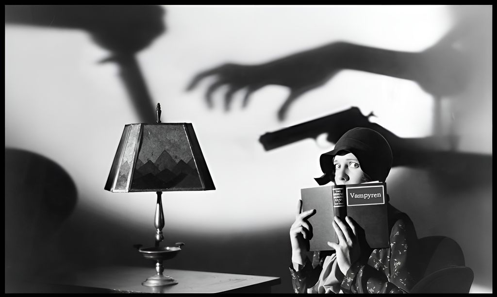 Redd kvinne leser ei bok som heter Vampyren. det er skygger av ei hånd og en pistol på veggen bak. Foto.