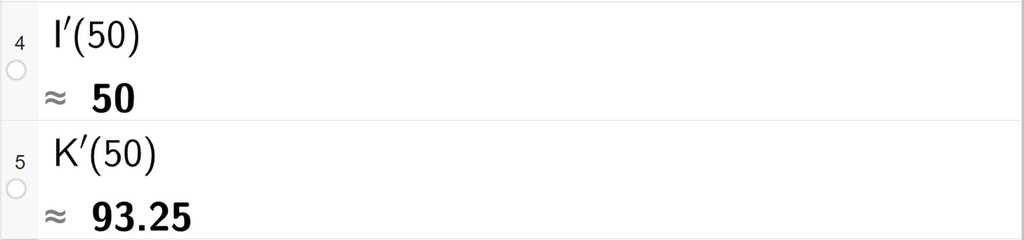 Skjermutklipp som viser CAS-utregning med GeoGebra. På linje 4 er I derivert av 50 regnet ut med tilnærming til 50. På linje 5 er K derivert av 50 regnet ut med tilnærming til 93,25.