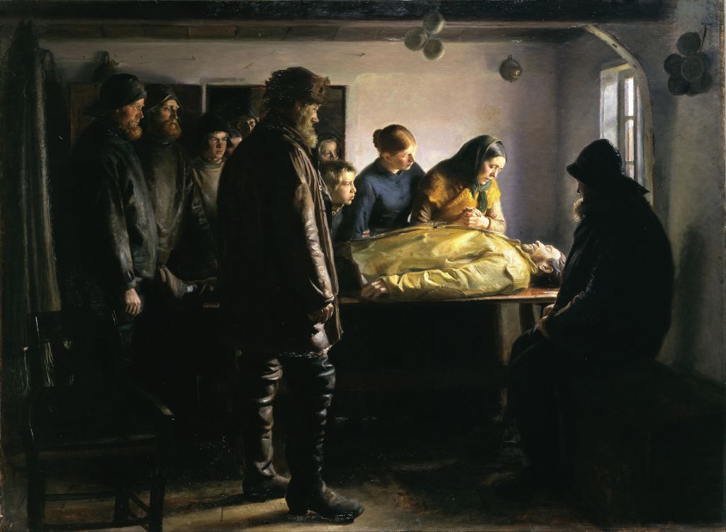 Oljemaleri av sorgtunge mennesker samlet rundt en død mann som ligger på et bord. Foto.
