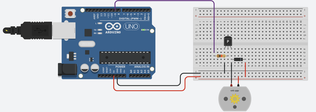 Arduino og DC-motor kopla sammen via et koplingsbrett med en diode, resistor og transistor. Komponentene er kopla sammen med ledninger. Skjermbilde.