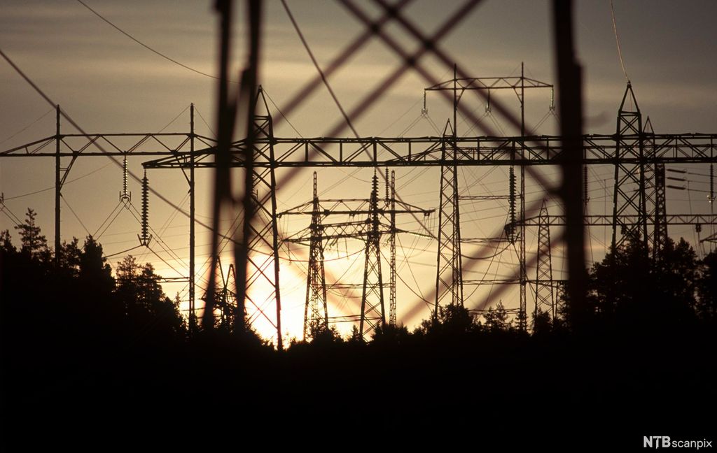 Kraftgate i motlys ved solnedgang. I forgrunnen er det skog. Foto.