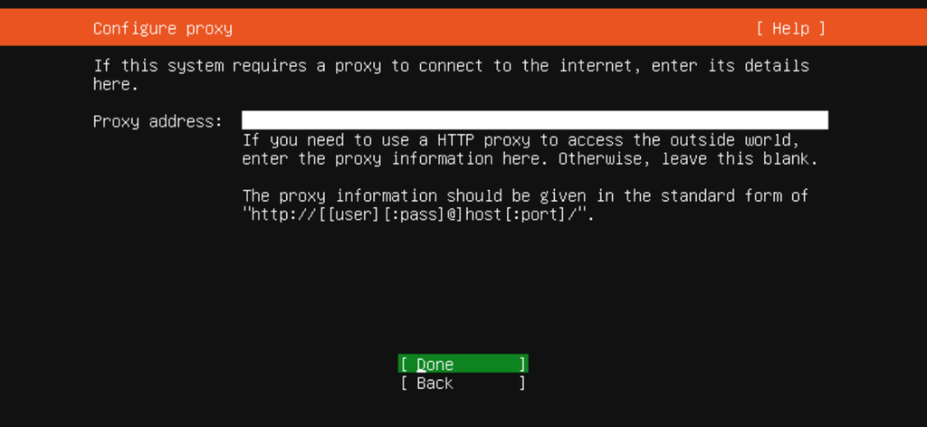 Veilederside med tekstfelt som kan brukes hvis det skal brukes en proxy. Skjermbilde fra Ubuntu Server 20.04.