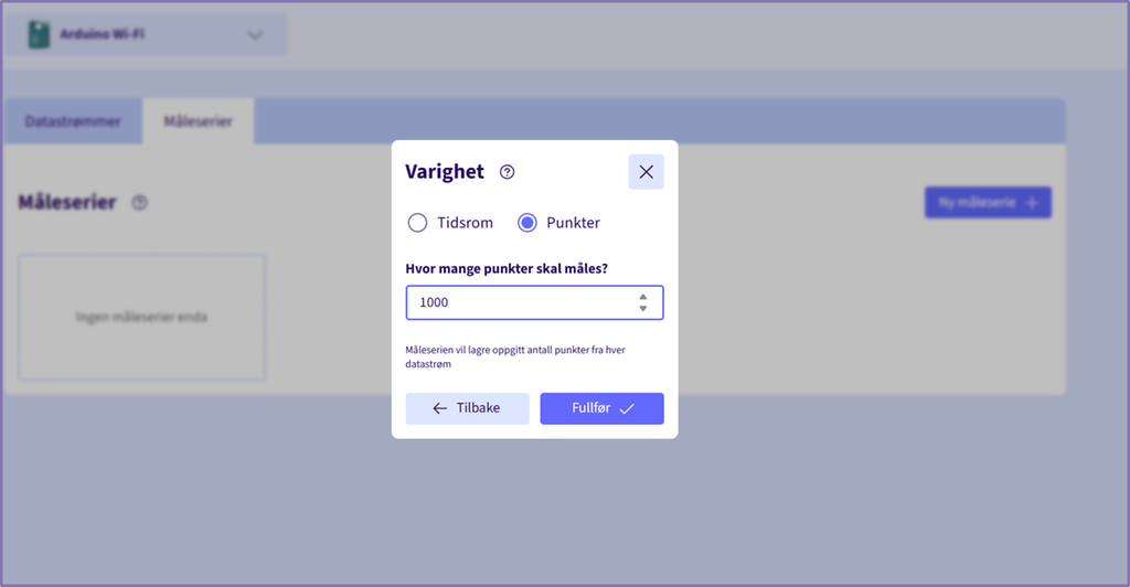 Skjermbilde av et utfyllingsskjema for varighet i programvaren Deploii. Det er valgt punkter i stedet for tidsrom, og i et felt for hvor mange punkter som skal måles, er det angitt 1000. Skjermutklipp.