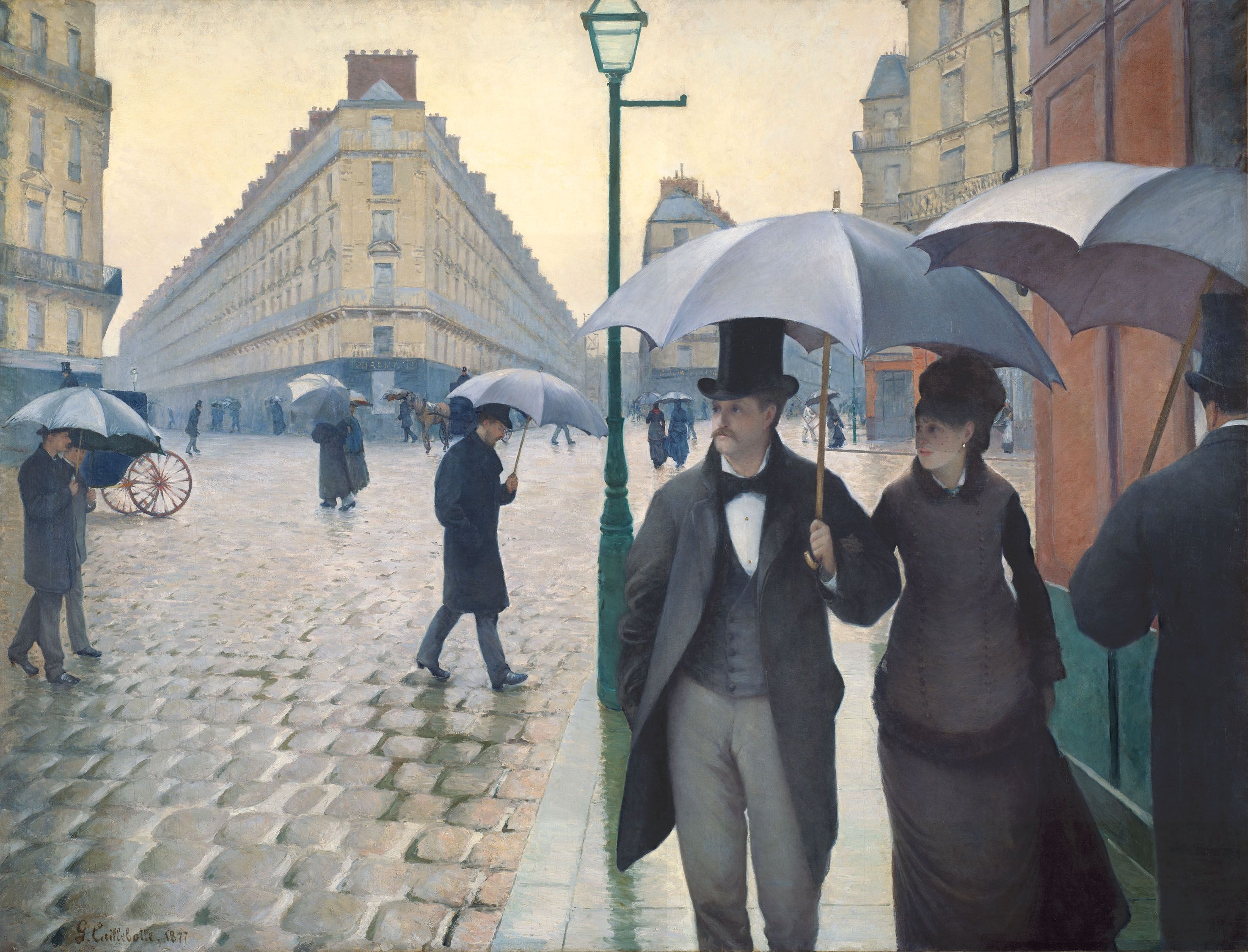 Painting: A man and a woman are walking towards the viewer underneath an umbrella. Behind them we see a wide, cobblestone city street. It is raining. There are more people carrying umbrellas. We also see buildings. 