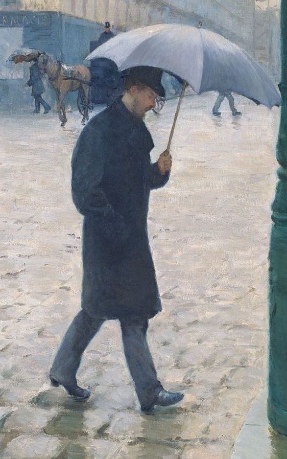Painting: A man and a woman are walking towards the viewer underneath an umbrella. Behind them we see a wide, cobblestone city street. It is raining. There are more people carrying umbrellas. We also see buildings.