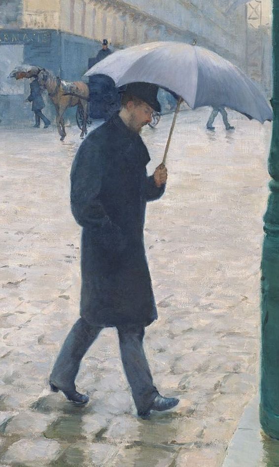 A man walking with an umbrella. In the background, cobblestone city street and buildings. Painting.