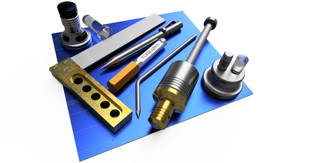 Ulike verktøy for oppmåling og merking liggende på ei blå plate. Illustrasjon.