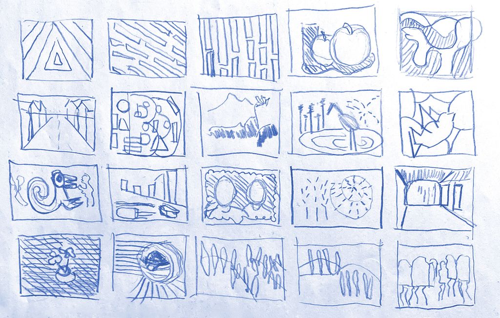 Små skisseteikningar. Illustrasjon.