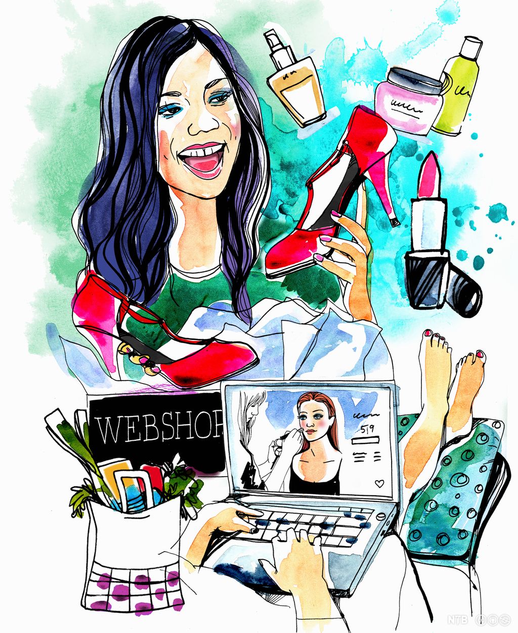 Ei dame ligg med beina utstrekt og ein laptop på fanget. Skjermen viser ei ung, vakker kvinne som blir styla med sminke. Over jenta held ei smilande dame opp to raude, høghæla sko, og rundt svevar parfyme, hudpleieprodukt og ein leppestift. Ein handlepose med grønsaker og daglegvarer står under etit skilt der det står «webshop». Teikning/akvarell.