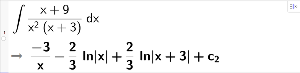 Berekning av integral i CAS, ei linje. Det står integralteikn parentes x pluss 9 parentes slutt delt på parentes x i andre parentes x pluss 3 parentes slutt parentes slutt d x. Resultatet er minus 3 delt på x minus 2 delt på 3 l n absoluttverditeikn x absoluttverditeikn slutt pluss 2 delt på 3 l n absoluttverditeikn x pluss 3 absoluttverditeikn slutt pluss c med låg indeks 2. Skjermutklipp.