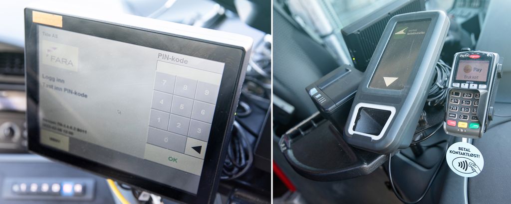 Kollasj som viser betalingsautomat og skjerm ved sjåførplassen i en buss.