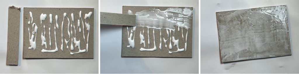 Tre bilder som trinnvis viser hvordan lim blir påført.  Foto.