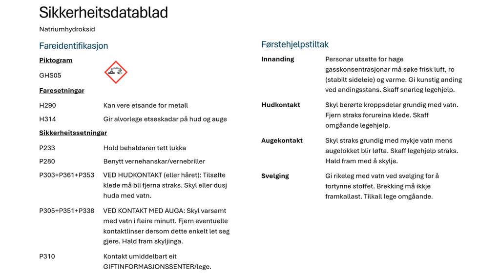 Utsnitt av sikkerheitsdatablad med piktogram som viser at eit stoff er etsande. I tillegg står fare- og sikkerheitssetningar og førstehjelpstiltak. Foto.