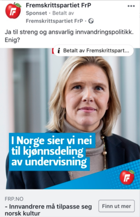 Eit portrett av Sylvi Listhaug med tre tekstfelt. Tekst 1: "Ja til streng og ansvarlig innvandringspolitikk. Enig?" Tekst 2: "I Norge sier vi nei til kjønnsdeling av undervisning." Tekst 3: "FRP.no: –Innvandrere må tilpasse seg norsk kultur." Skjermdump frå mobiltelefon. 