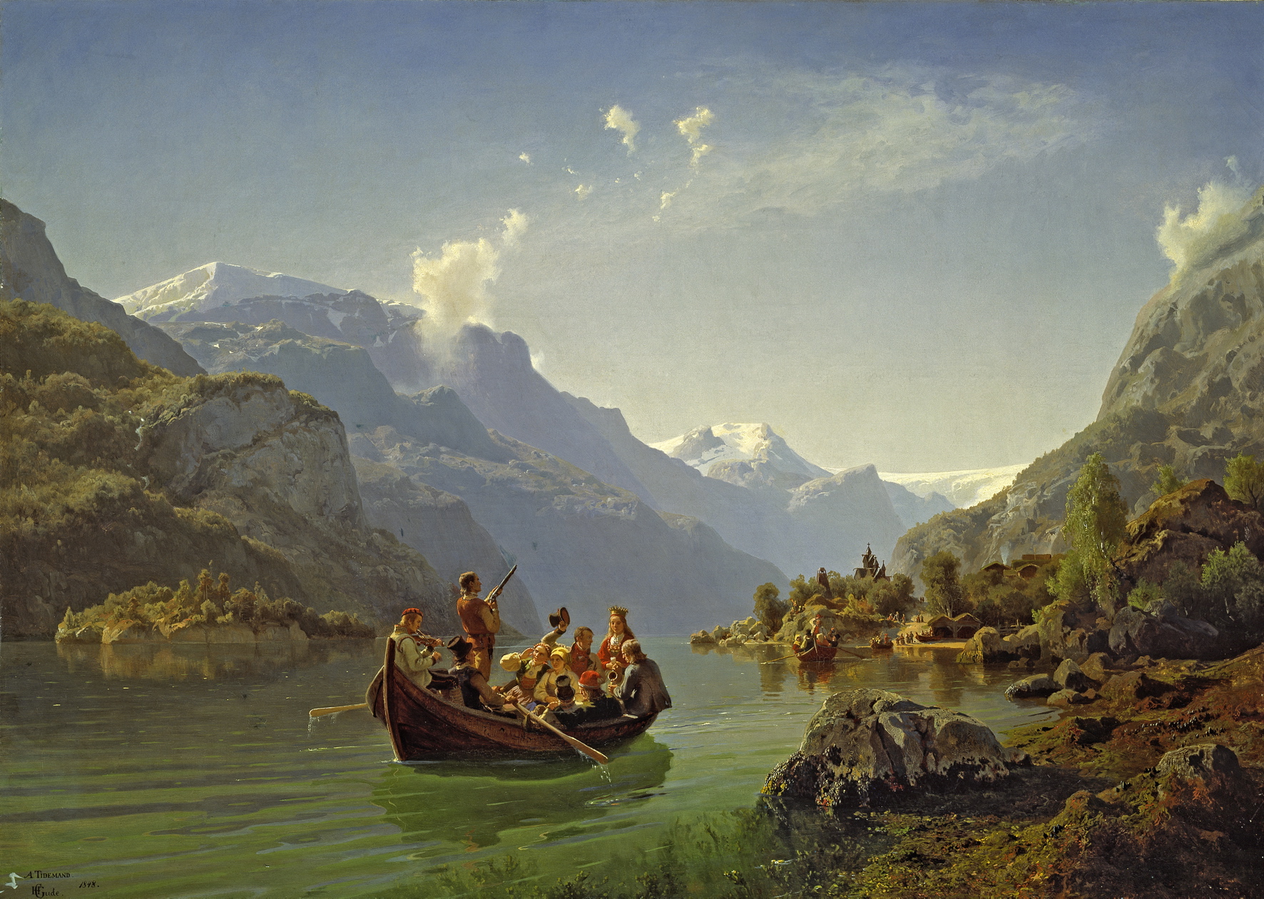 Maleri av en båt i et vestnorsk landskap. En mann står og skyter i været, mens bruden sitter fremst i båten. Det er også en roer og mange bryllupsgjester i båten. I bakgrunnen bryter lyset fram fra himmelen. Foto.