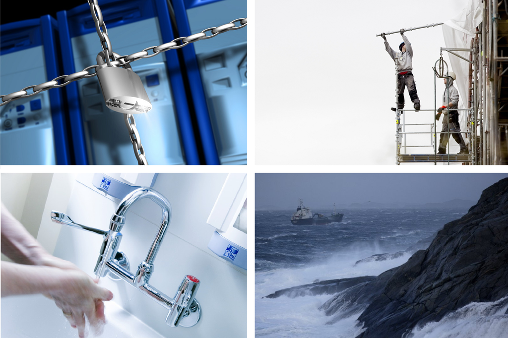 Kollasj av en illustrasjon og tre fotografier. Illustrasjonen viser en dataserver med en kjetting med hengelås foran. Det første fotografiet viser to personer på et stillas. En av personene balanserer på rekkverket på stillaset mens han ordner noe med en presenning. Det andre fotografiet er et nærbilde av hendene til en person som vasker seg med såpe under rennende vann. Det tredje bildet viser et skip til havs. Det blåser kraftig og bølgene slår kraftig mot land.