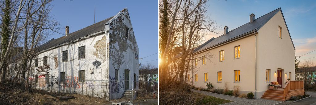 To bilete av ei bygning der det eine viser bygninga som sliten og falleferdig, mens det andre biletet viser ein nyoppussa versjon av den same bygninga. Bygninga er pussa opp ved hjelp av KI. KI-foto.