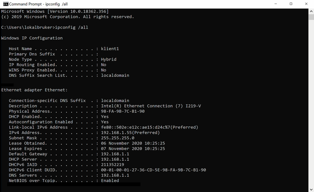 Utklipp frå leietekstvindauget (CMD) før ny DHCP-server er sett i drift. Det viser at DNS og DHCP kjem frå same IP-adresse som Gateway. Skjermbilete.