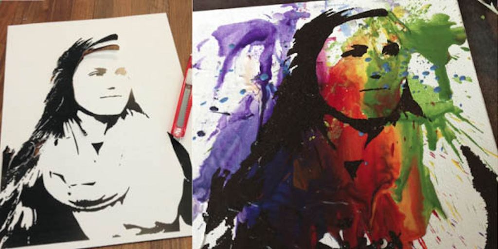 To sjablongtrykk: ett og samme portrett trykt først på hvitt papir, deretter på et flerfarga maleri.