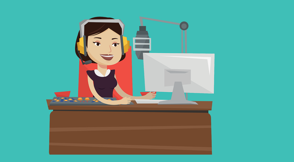 Kvinne som sit ved eit bord med datamaskin, mikrofon og lydmiksar framfor seg. Illustrasjon.