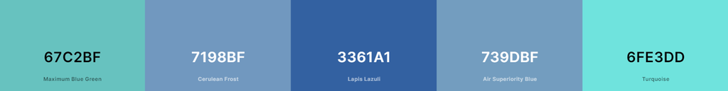 Fem rektangler i forskjellige blå og turkise fargetoner. Skjermdump.