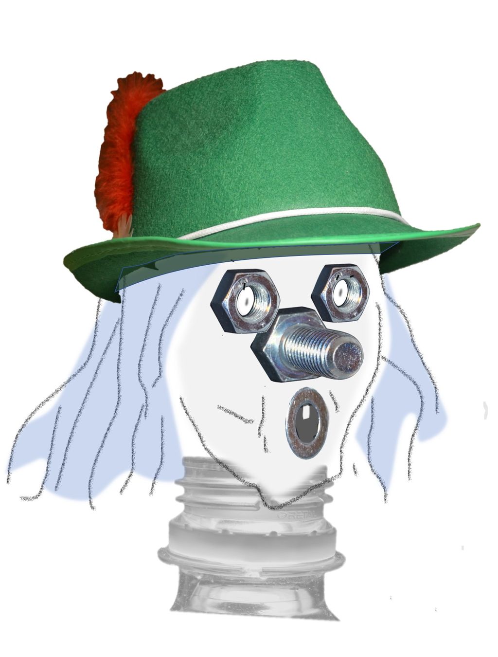 Bildet viser et ansikt laget med skruer og muttere. Foto.