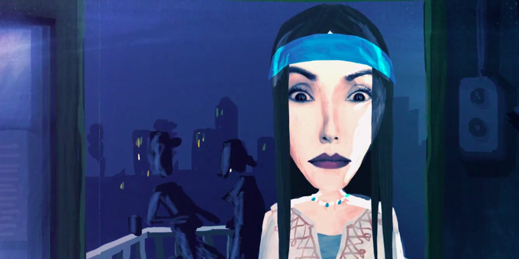 Kvinne med mørkt hår og pannebånd. Animert bilde fra filmen Rebel. Foto.