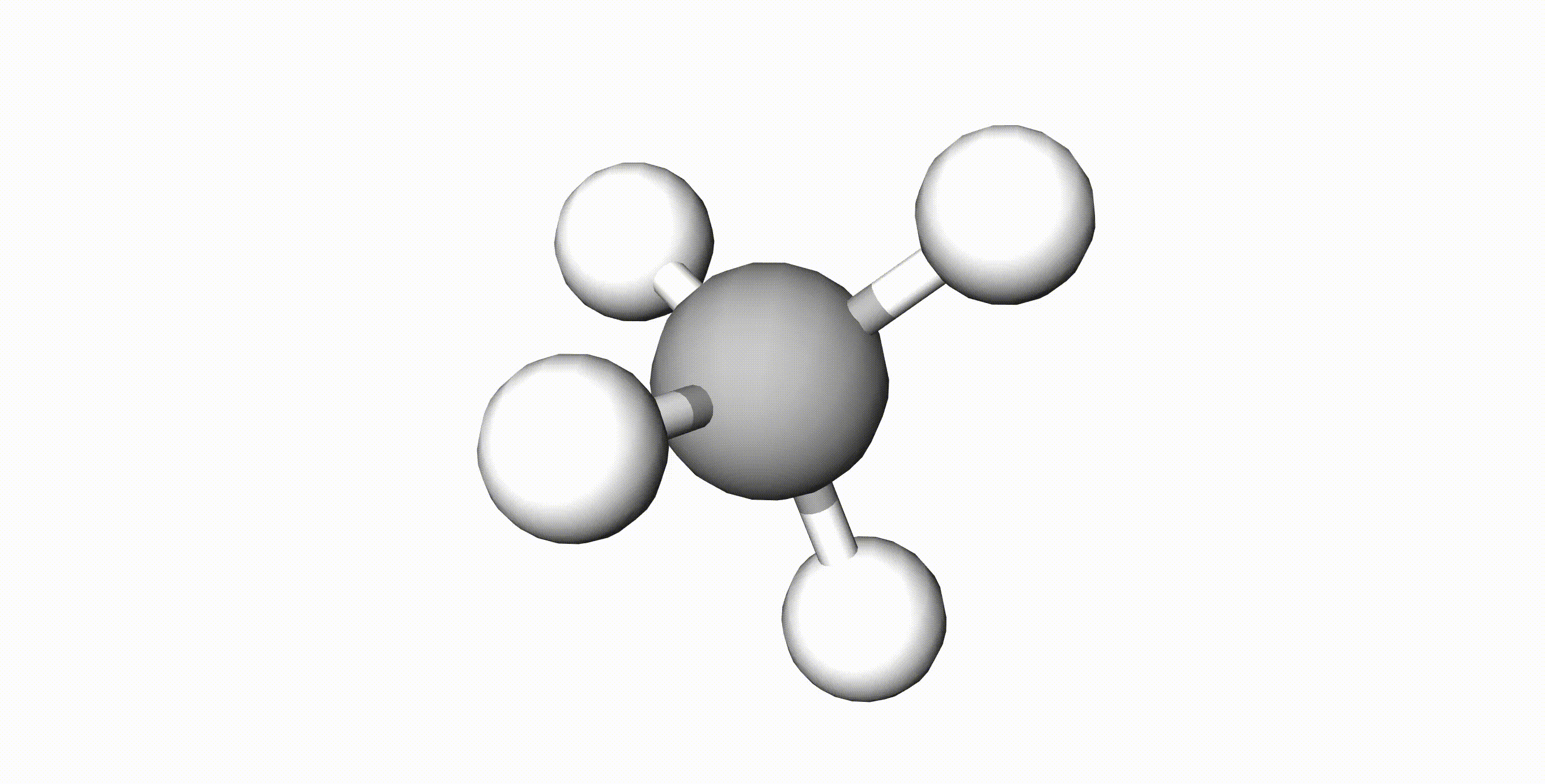 Metanmolekyl som består av ett karbonatom og fire hydrogenatomer. Animasjon.
