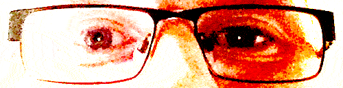 Utsnitt av briller og auge. Foto.