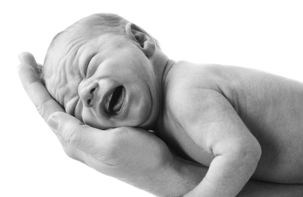 Nyfødt baby som ligger på armen til en voksenperson. Hodet hviler i handflata på den voksne. Babyen har rynket panna og knepet igjen øynene. Foto.