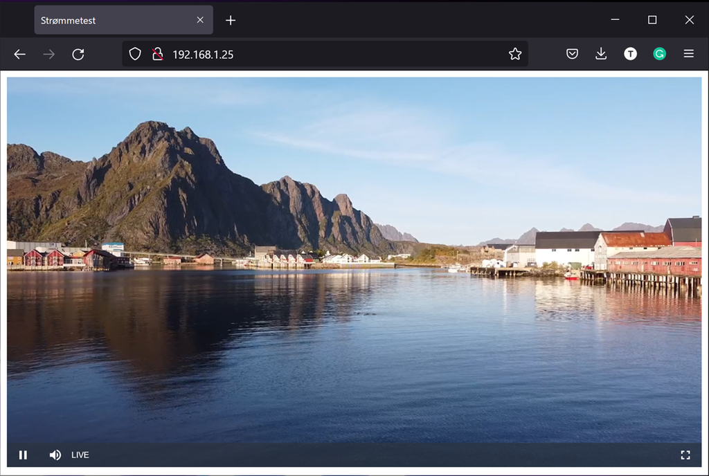 Nettlesarvindauge med fullskjermsavspelar som viser eit landskapsbilete med fjord og høge fjell. Skjermbilete.