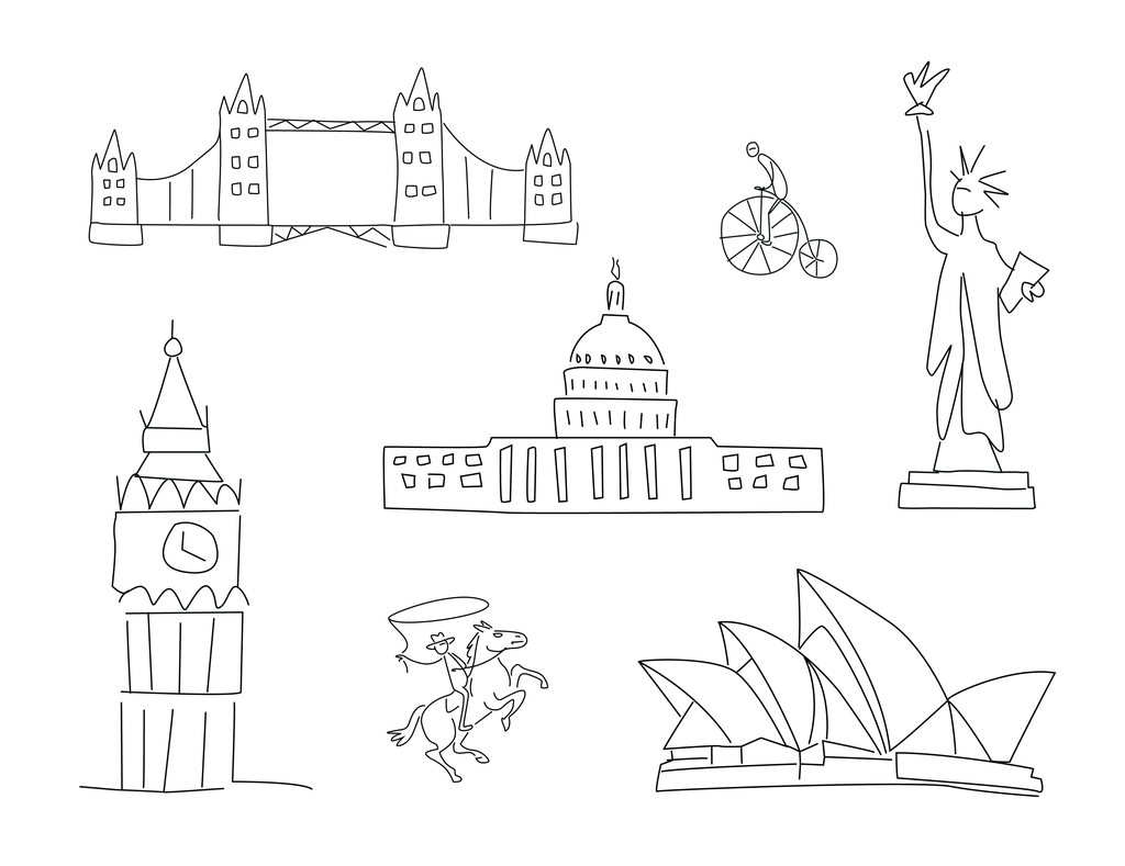 Sketches of famous buildings around the world. 