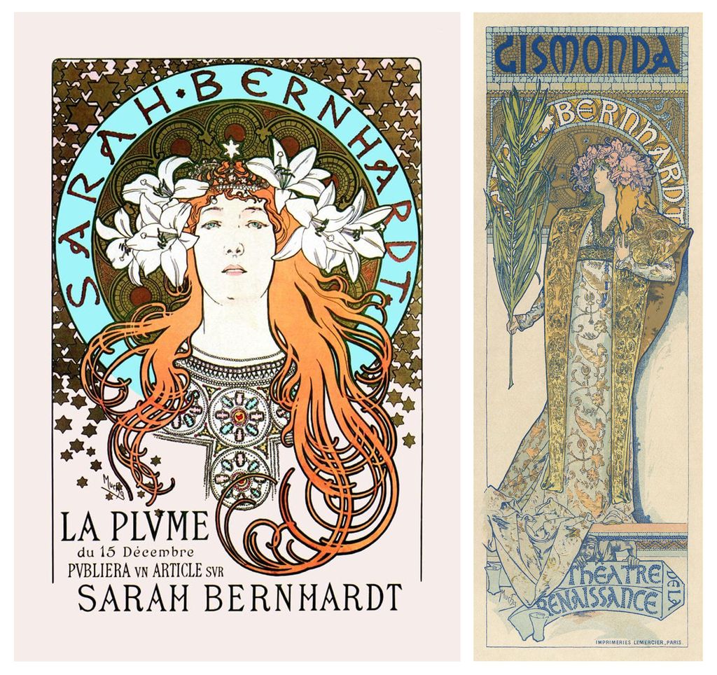 To bilder står ved siden av hverandre. I det til venstre er midtpunktet et kvinnehode omgitt av blomster og ornamentikk. Navnet hennes, Sarah Bernhardt, og tittelen på magasinet er dekorative elementer. I bildet til høyre er samme kvinne gjengitt i hel figur med et palmeblad i hånda. Klær og bakgrunn er dekorert med ornamenter, og det står "Gismonda" og "Bernhardt" som en del av dekoren. Illustrasjon.