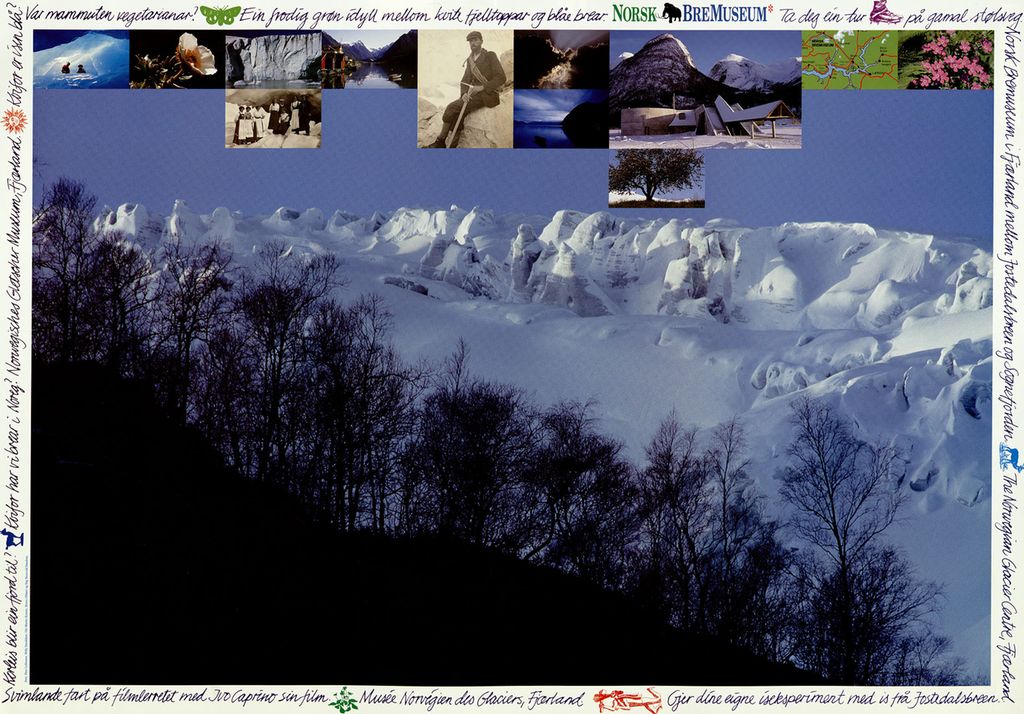 Plakat der hovedbildet er av snødekte fjelltopper, mens småbildene viser ulike norske natur- og kulturmotiver. På ramma rundt bildemotivet er det skrevet ulike oppfordringer til turer med håndskrift. Foto.