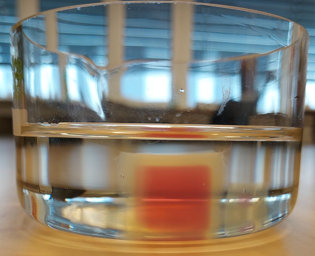 Geléaktig terning med rødt felt ligger i væske i et glass. Foto.