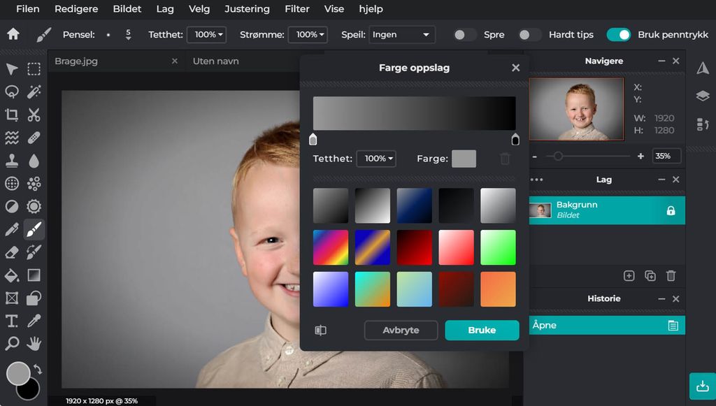 Skjermbilde fra et bilderedigeringsprogram som har oppe et foto av en blid gutt og menyen "Farge oppslag". Foto.