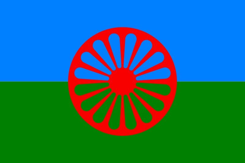 Romanifolkets flagg. En blå og en grønn halvdel med et rødt hjul over. Grafikk.