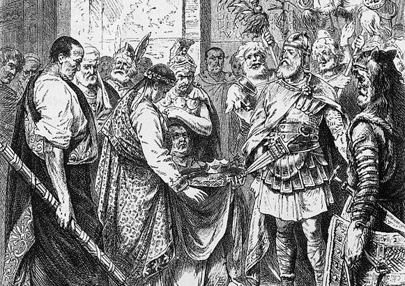 Staute menn i klede frå romartida i ein høgtideleg seremoni. Det er mykje symboltungt utstyr til stades. Illustrasjon.