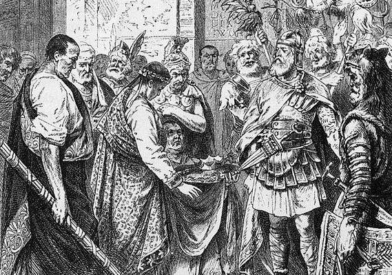 Staute menn i klær fra romertida i en høytidelig seremoni. Det er mye symboltungt utstyr til stede. Illustrasjon.