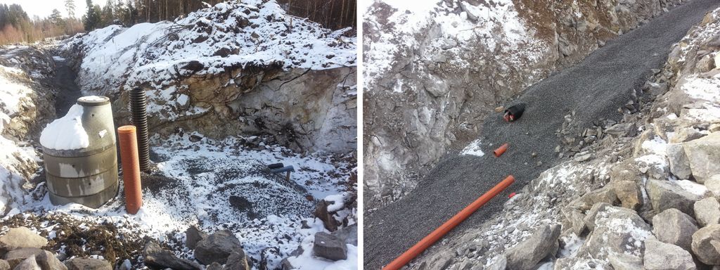 Kummar for vatn og avløp, og røyr i grøft. Kollasj.