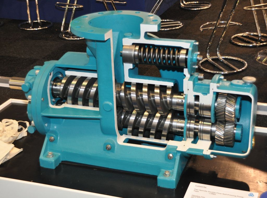 Skruepumpe, deler av pumpehuset er skåret vekk. Foto.