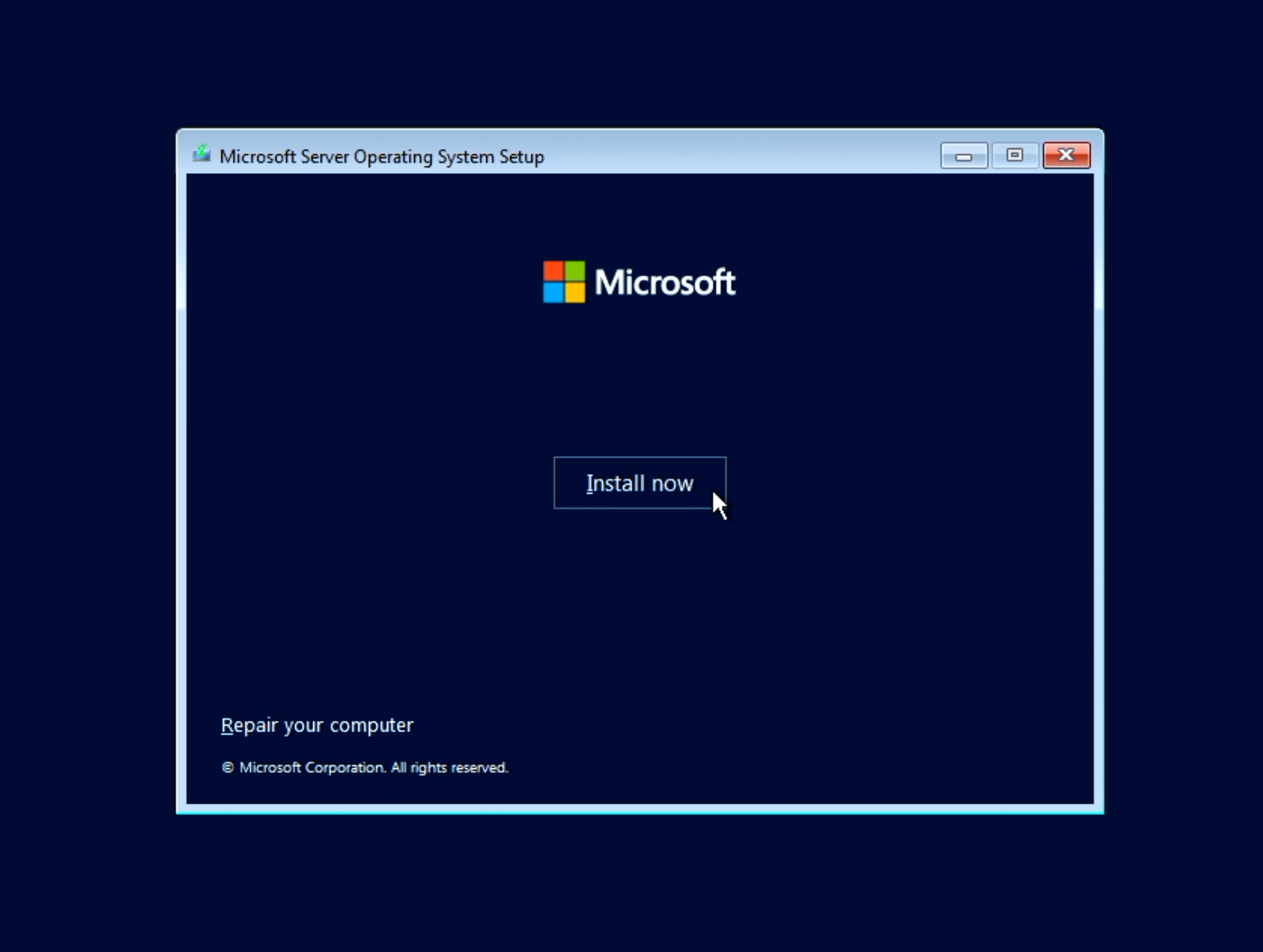 Vindu med Microsoft-logoen og valgene "Install now" og "Repair your computer". Skjermutklipp.