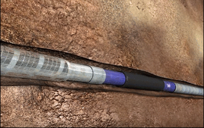 To pakninger som utvider seg i kontakt med væske, her for å isolere bort en vannsone. Prosessen tar flere dager. Animasjon.