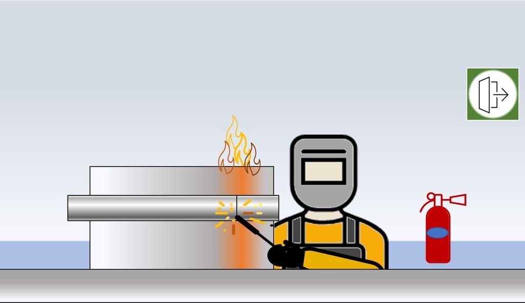 En arbeider med fullt verneutstyr utfører varmt arbeid på en vegg, som har tatt fyr. I bakgrunnen står et brannslukningsapparat, og et skilt på veggen peker mot nærmeste rømningsvei. Illustrasjon.