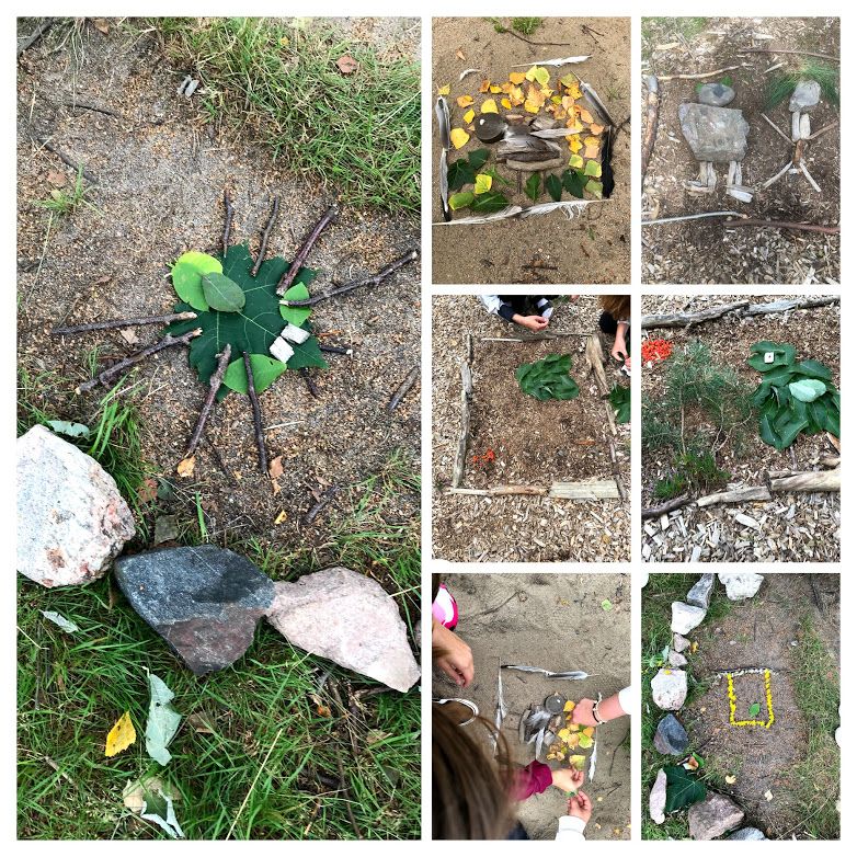 Kollasj med sju bilder som viser ulike måter å lage kunst på i naturen.  Stein, pinner, blader, blomster og fjær er brukt for å lage blant annet mennesker og en edderkopp på bakken. Foto.